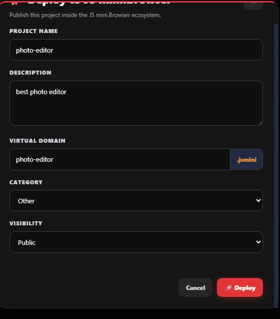 JS CODE OUTPUT deployment screen for publishing a project to JS mini.Browser