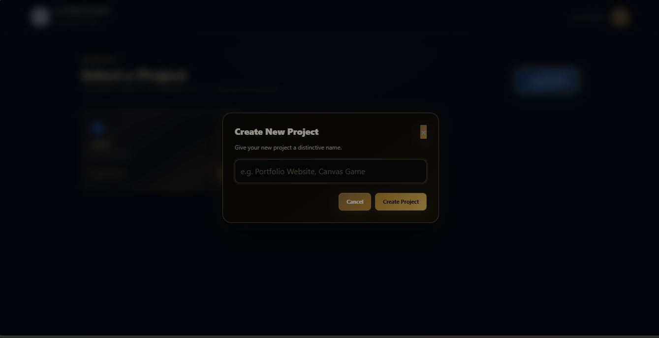 JS CODE OUTPUT create new project screen
