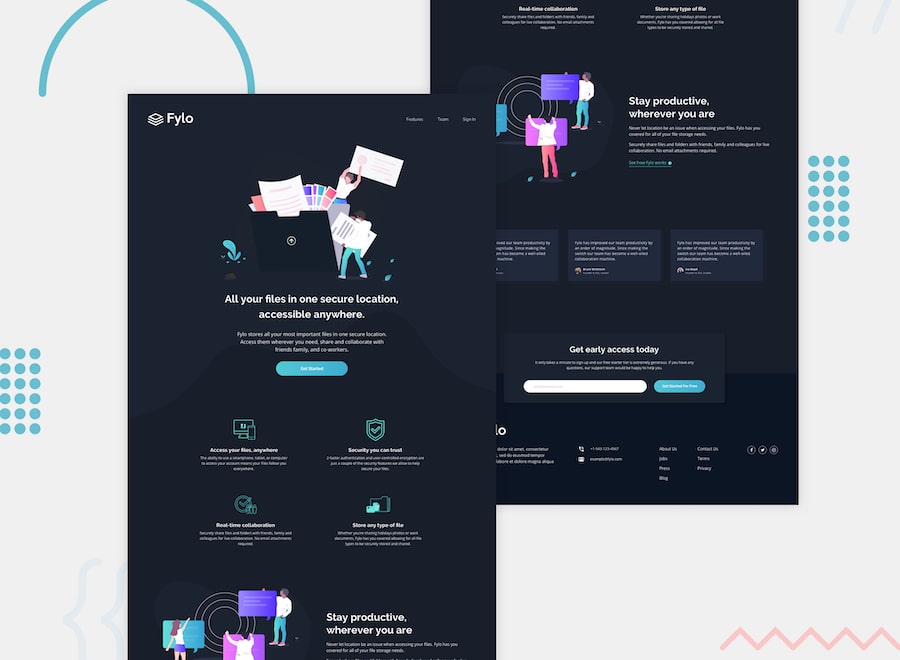 Design preview for the Fylo landing page with dark theme and features grid challenge