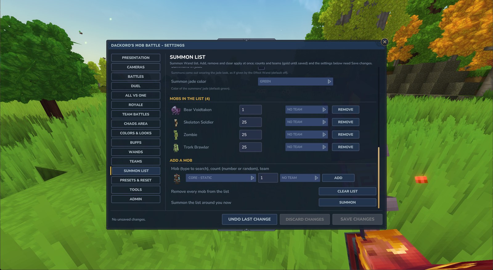 The settings panel: summon list