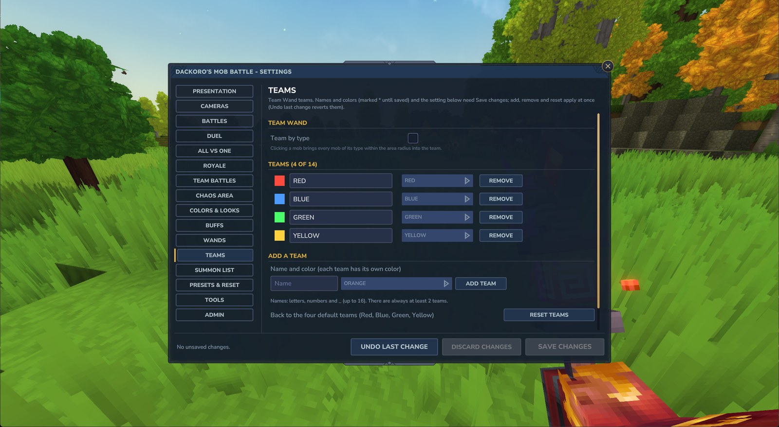 The settings panel: teams