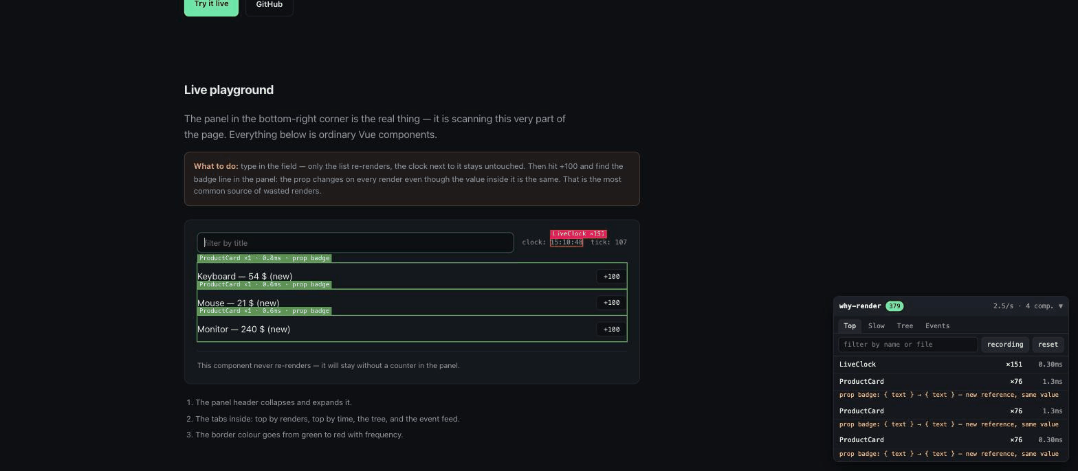vue-why-render: a component re-renders and the panel names the prop behind it