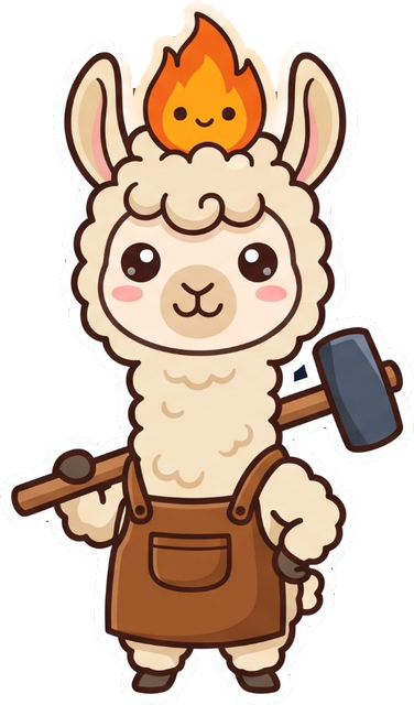 The LlamaForge mascot: a llama blacksmith with a hammer, and Ember, a little living flame, sitting on its head