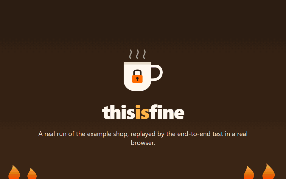 Demo, recorded from a real end-to-end run. You ask Claude for a cart badge; thisisfine proves the check passes now and fails without the change, and the shop shows the badge at 2. You reply 'y, perfect' and promise #1 is locked. Weeks later a 'small cleanup' makes the badge count distinct products, Claude tries to stop and is blocked with '🔥 This is NOT fine', Expected 2, Received 1, and the shop shows the badge at 1. Claude's attempt to edit the check is denied, it fixes the app instead, and the turn ends with '☕ This is fine. 1/1 promises kept.'