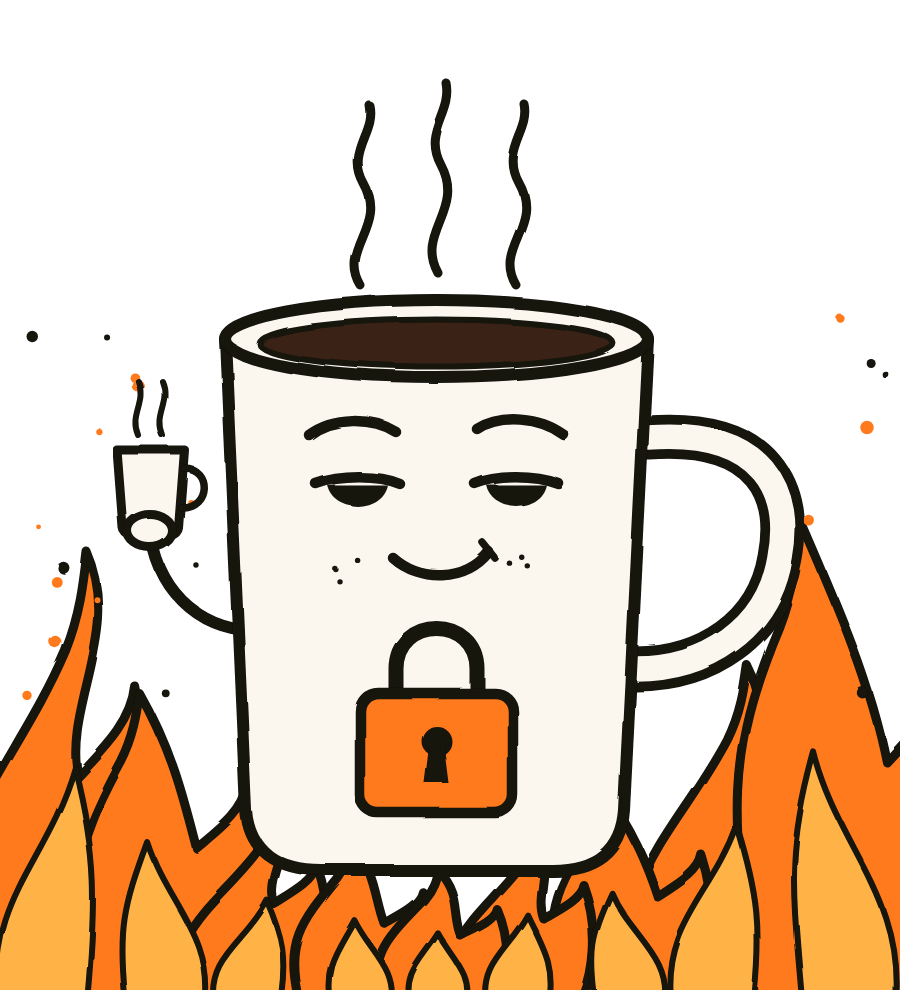 The thisisfine mascot: a coffee mug with a padlock on its chest, smiling calmly and raising a tiny cup while the room burns around it