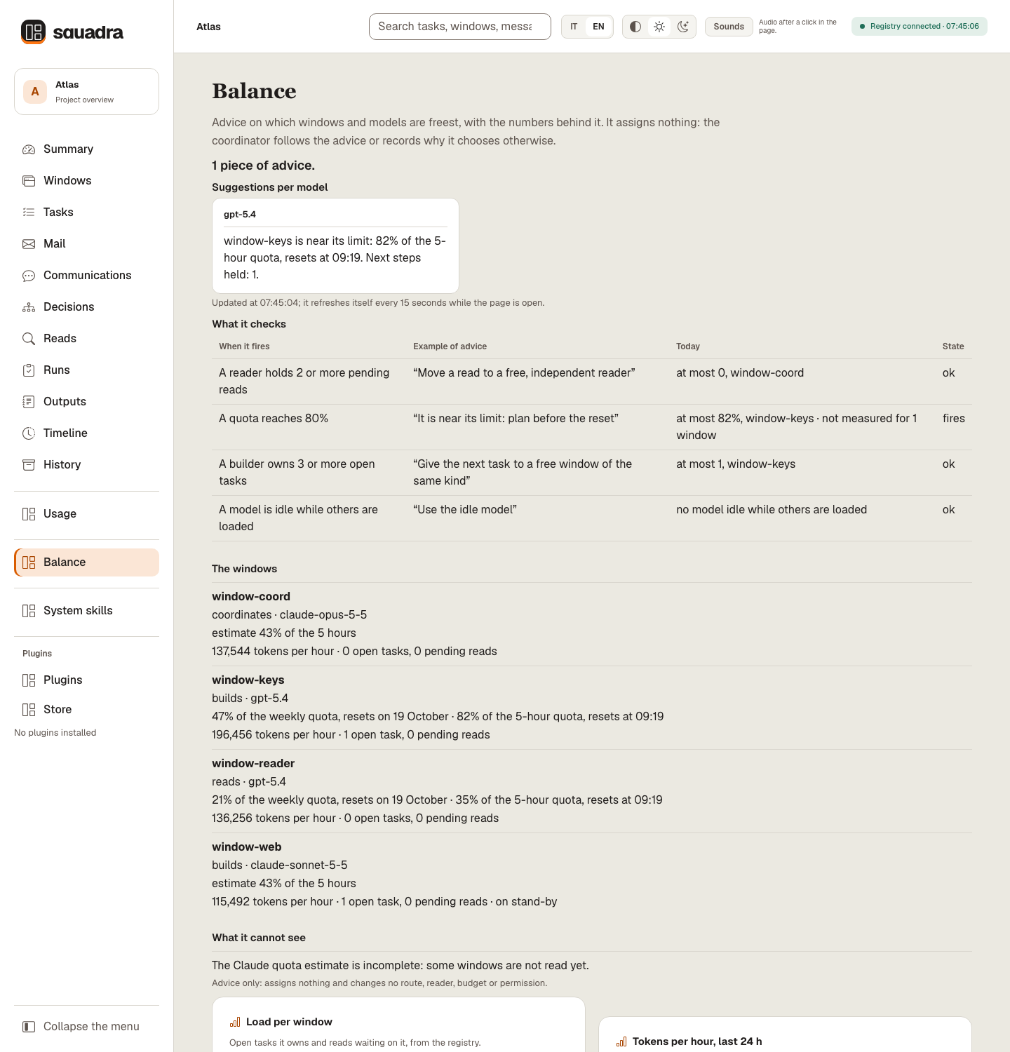 The Balance page: one piece of advice, the rules it checks with today's values, and each window's load and quota