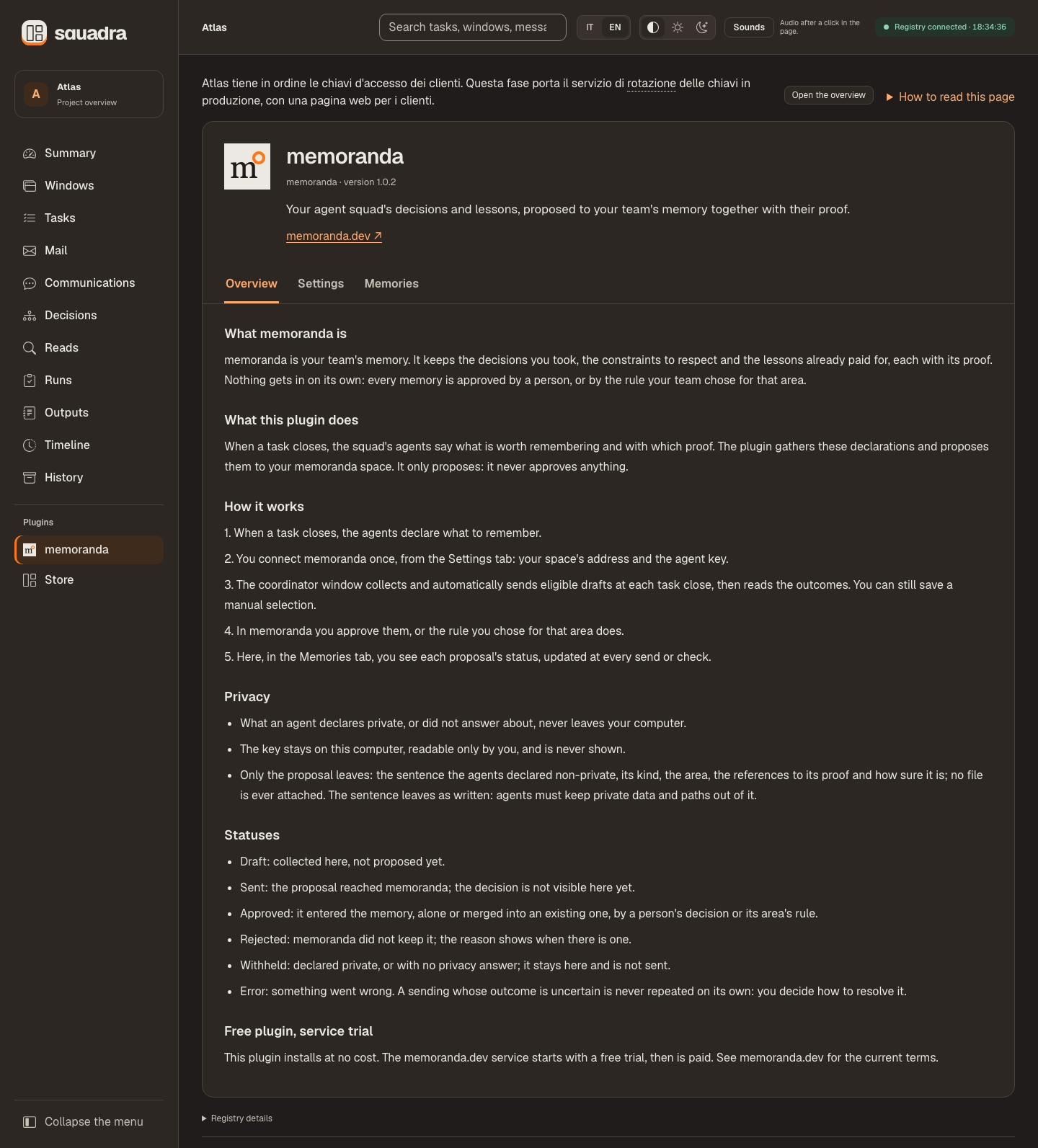 An installed plugin's page: header with publisher and version, and the Overview, Settings and Memories tabs