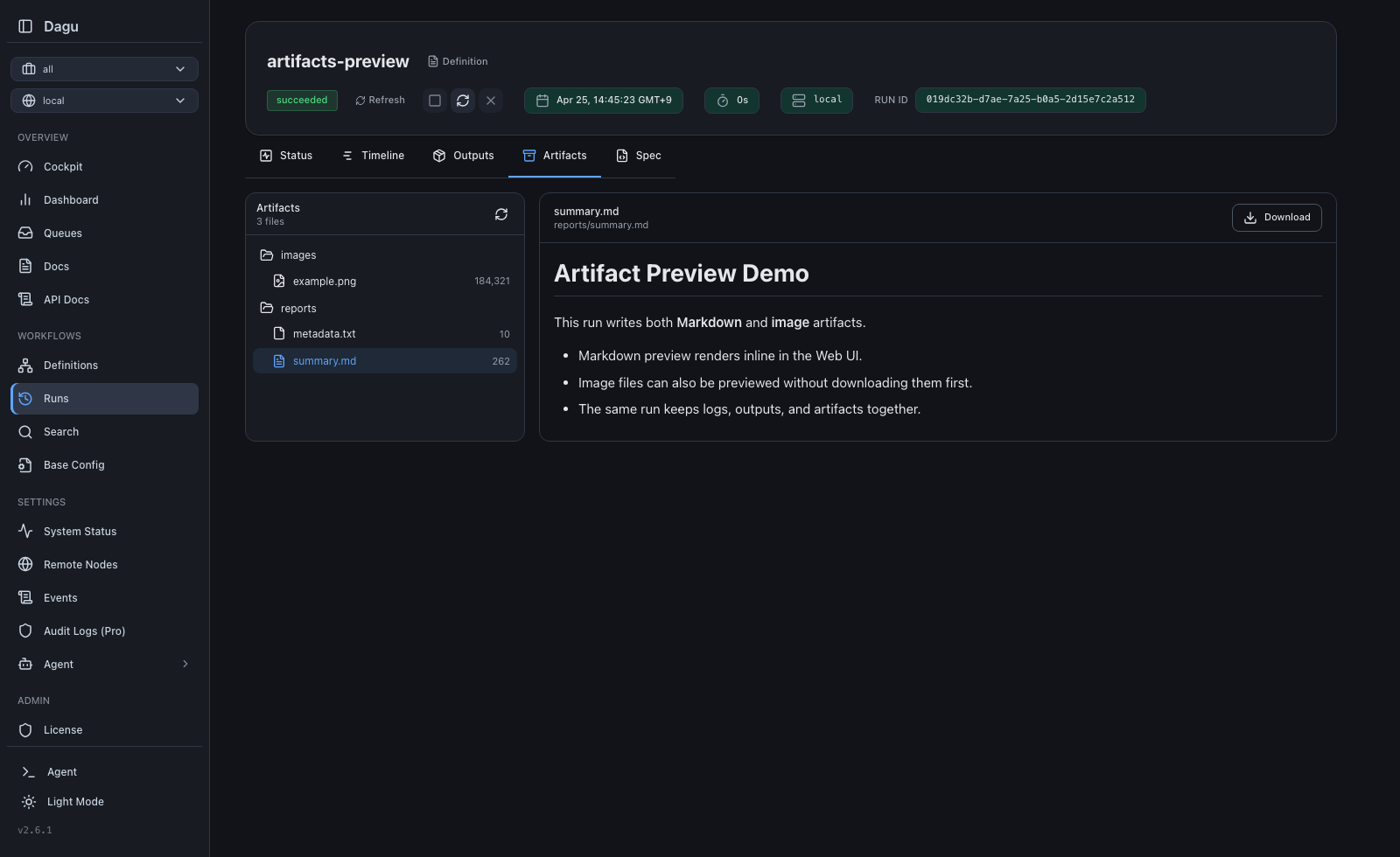 Artifact browser in dark mode