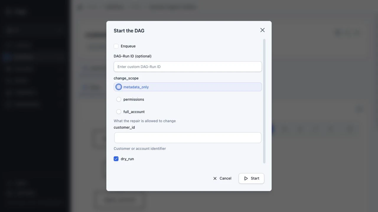 Generated parameter input form in the Dagu Web UI