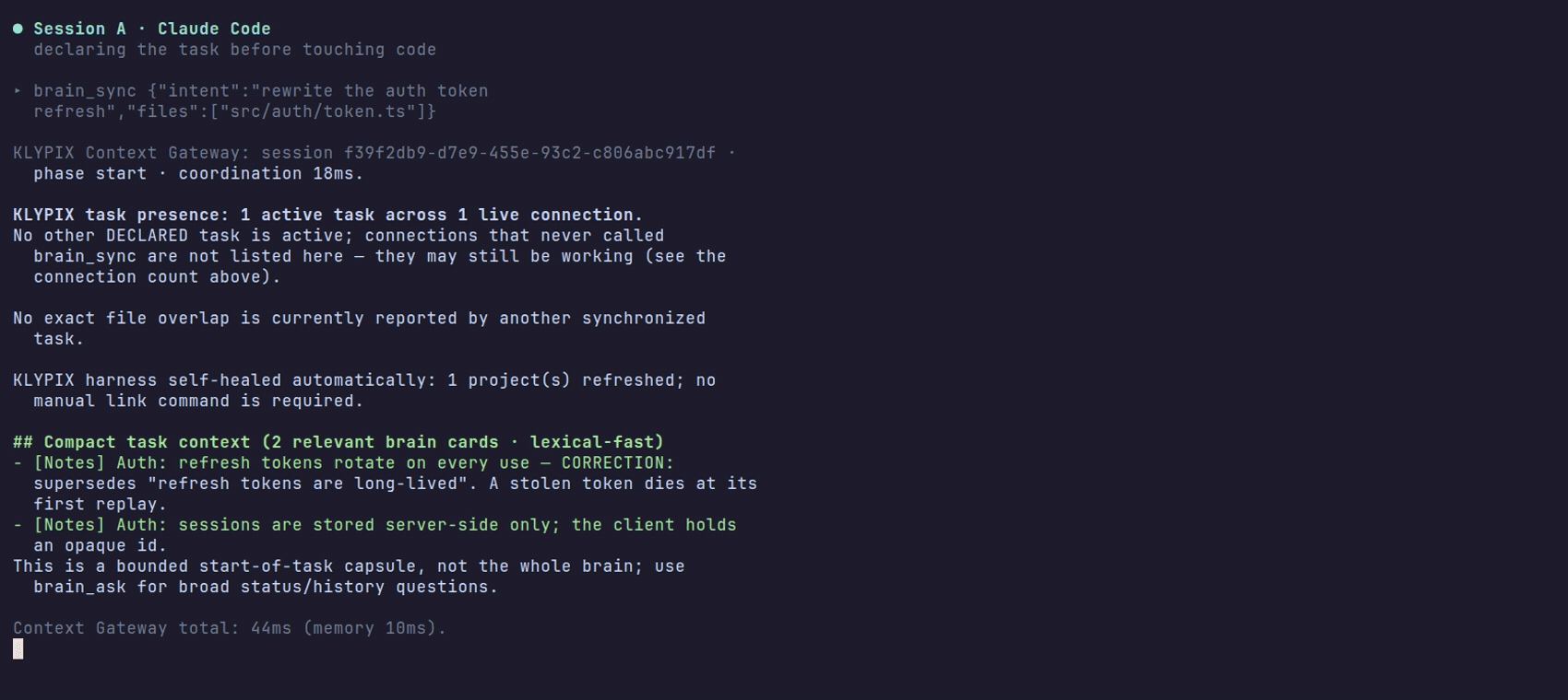 Two real MCP sessions on one project: Session B declares a file Session A already declared, and the server's exact-file-overlap warning fires; Session A then records a correction that supersedes its stale card