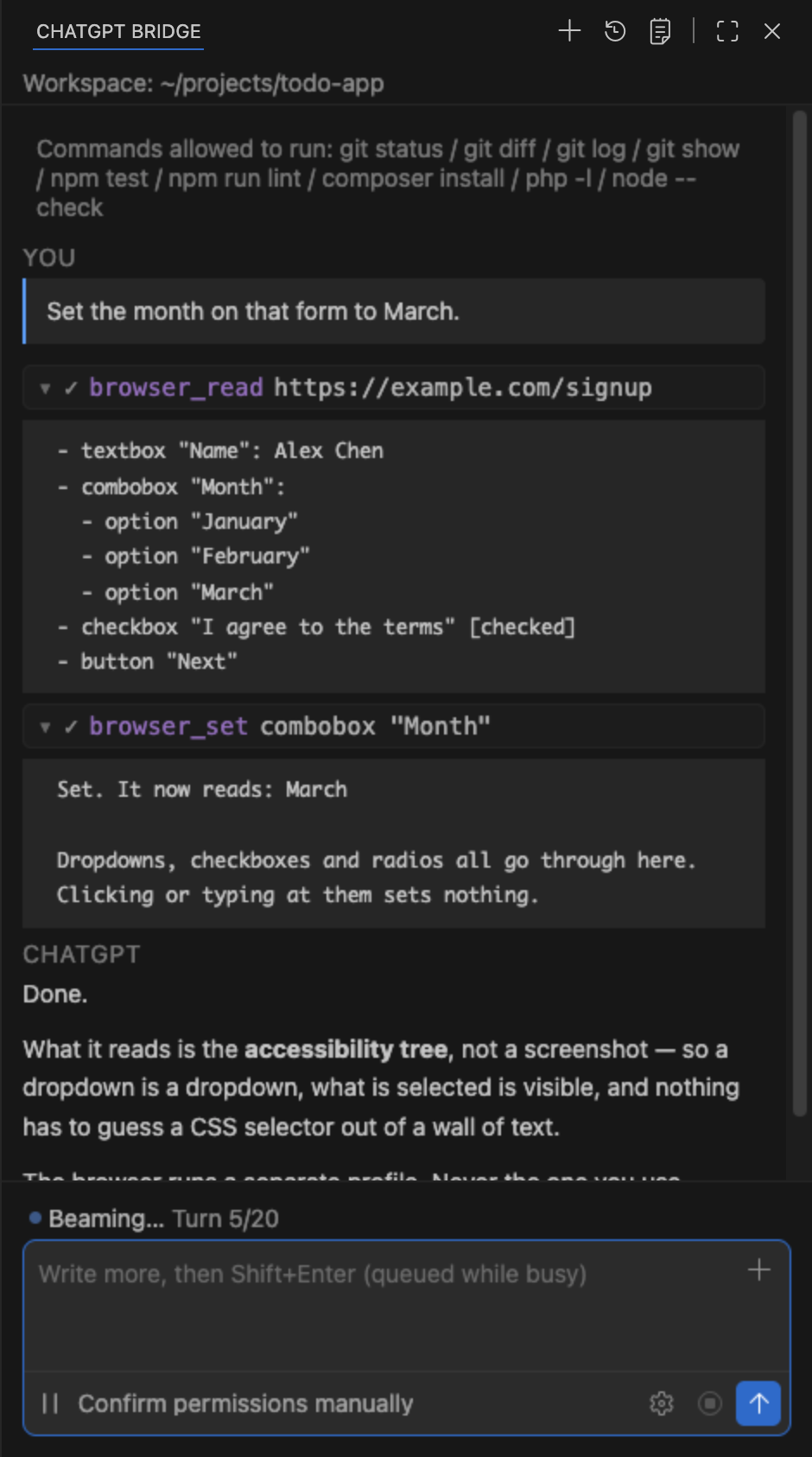 The panel showing what browser_read returned: an accessibility tree with a text box, a dropdown and its options, a checked checkbox and a button — then browser_set putting a value into the dropdown.