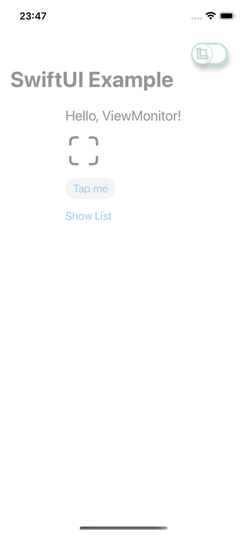 ViewMonitor inspecting two SwiftUI elements and measuring the gap between them