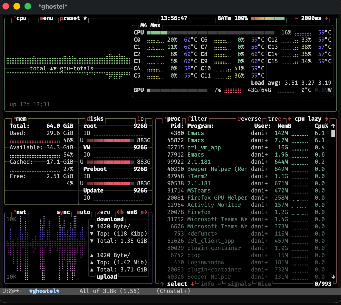btop running in a Ghostel buffer