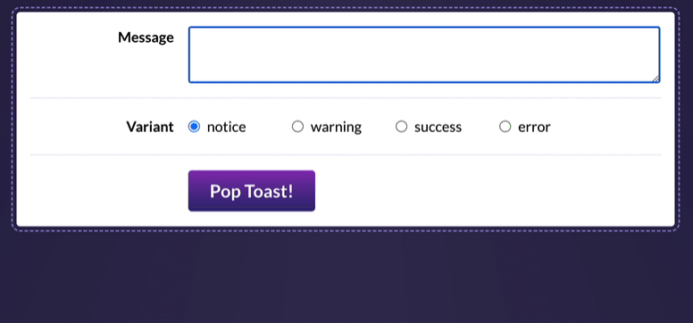 Screen recording showing how a demo Toast component can be edited using the playground