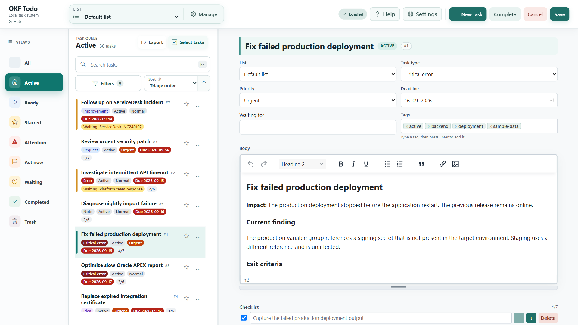 OKF Todo task workspace showing task views, rich-text editing, tags, waiting status, and a checklist