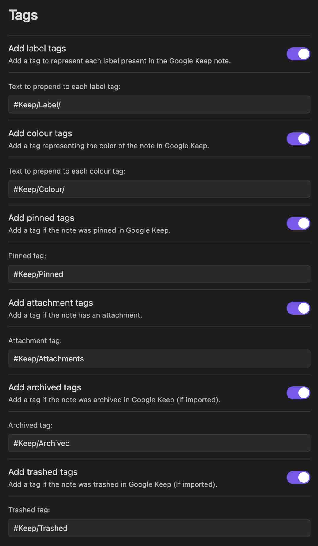 A screenshot of the plugin's settings. See below for a description.