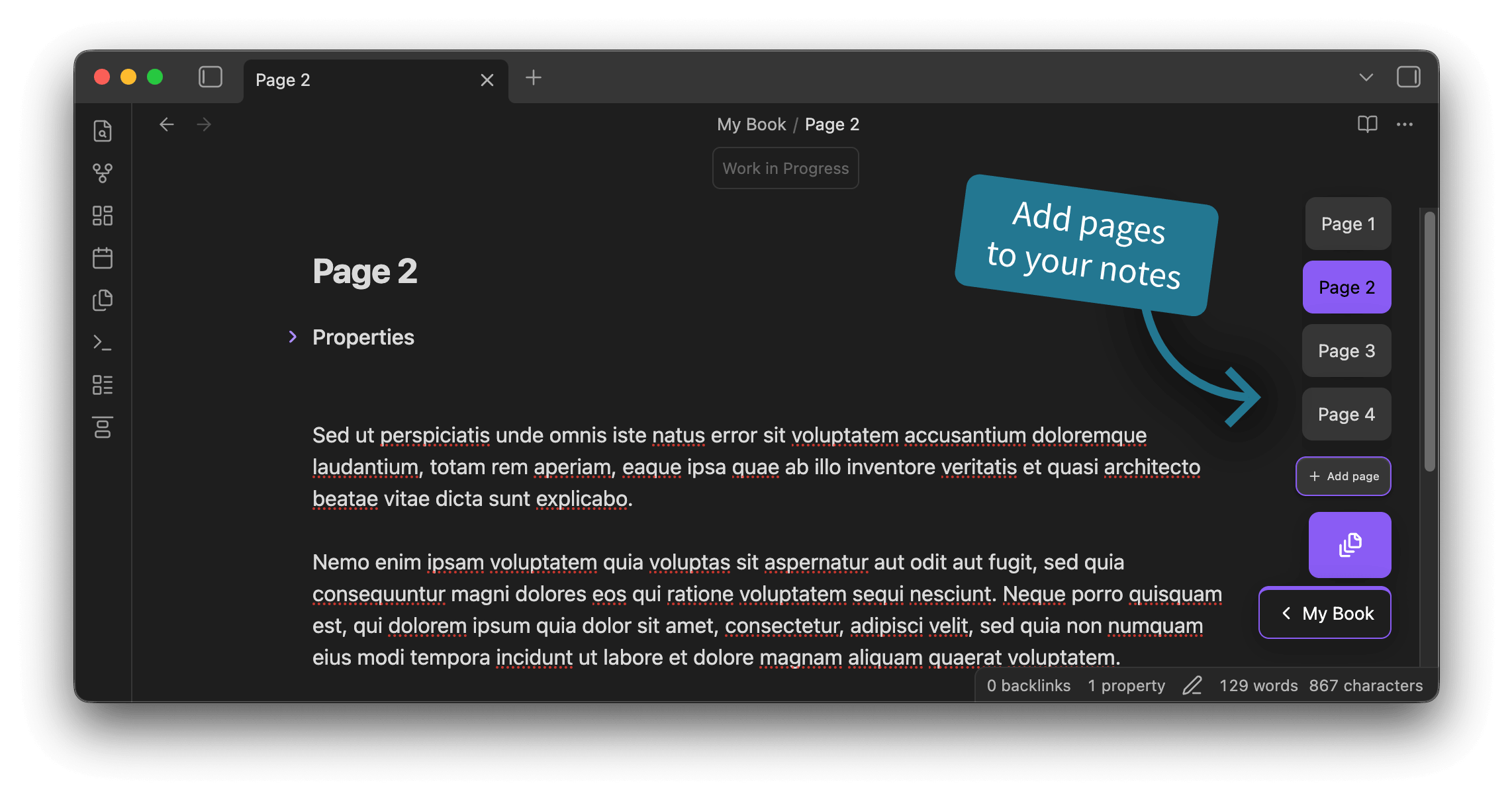 Project Browser supports adding pages to your notes.
