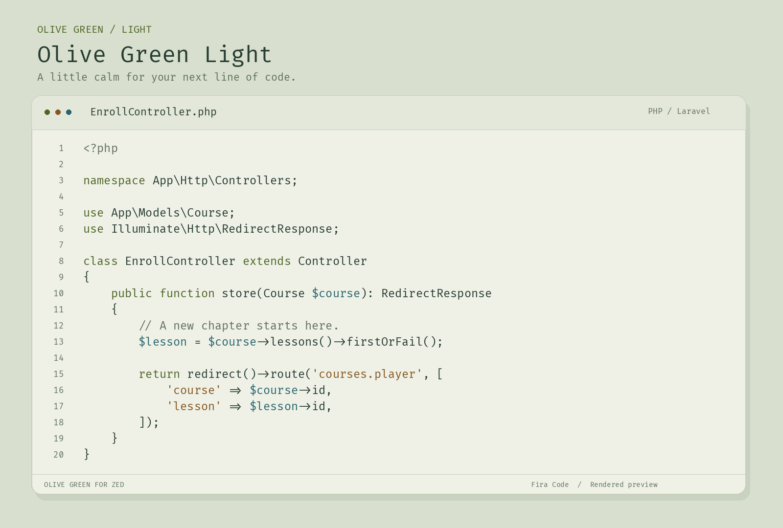 Olive Green Light code preview with a warm ivory background and olive and teal PHP syntax