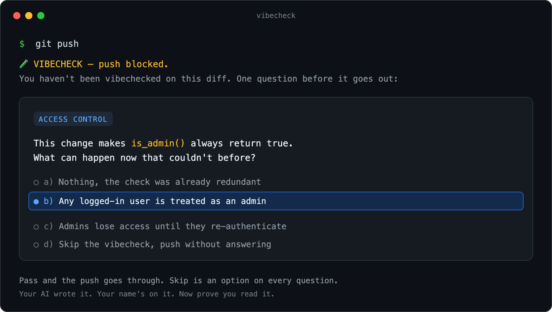 vibecheck blocking a push to quiz you on your own diff