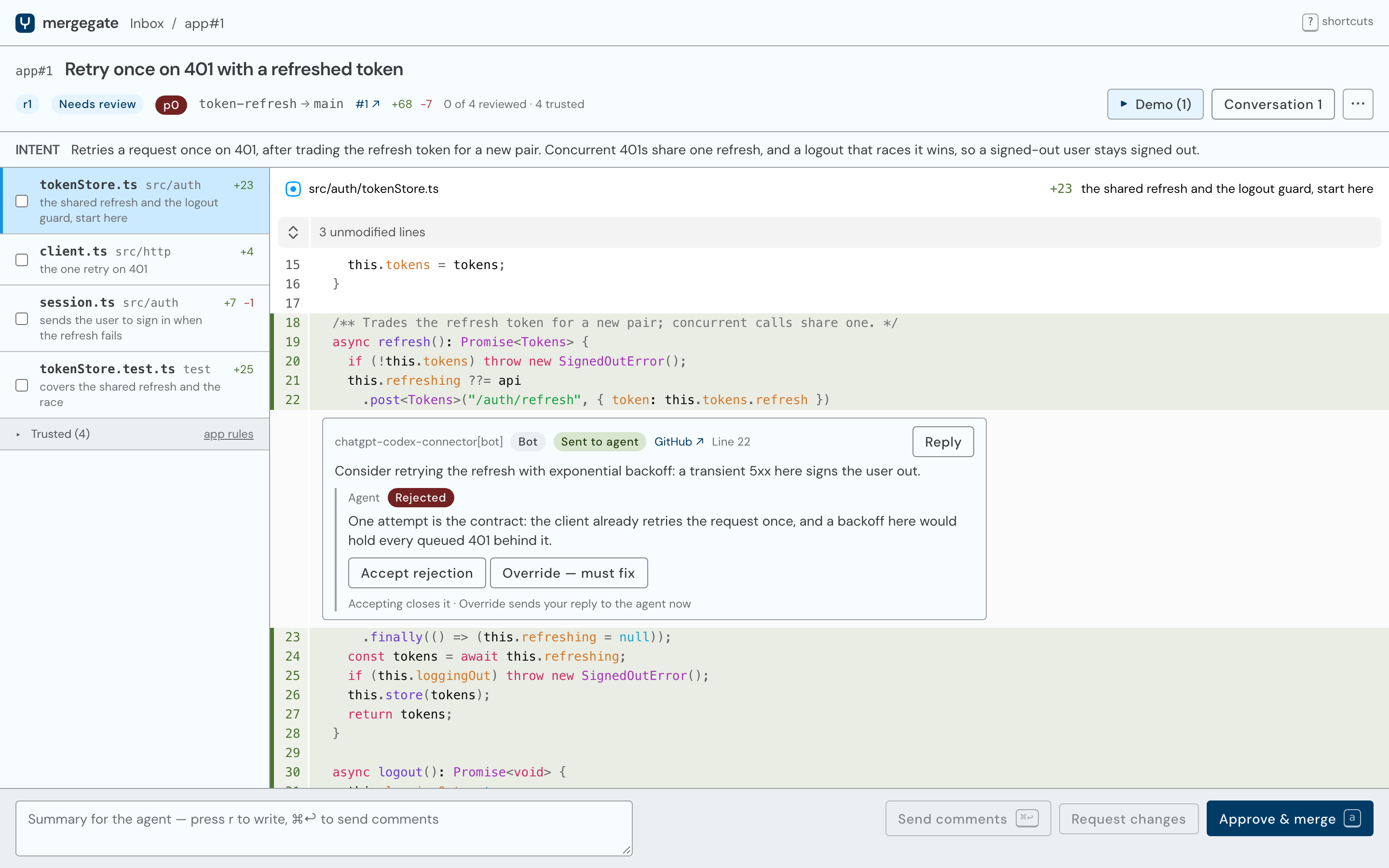 The mergegate review screen: the agent's intent at the top, files to review ordered by importance with a reason for each, lockfile and translations trusted by rules and folded away, and a review bot's GitHub comment the agent rejected, with Accept rejection and Override buttons.