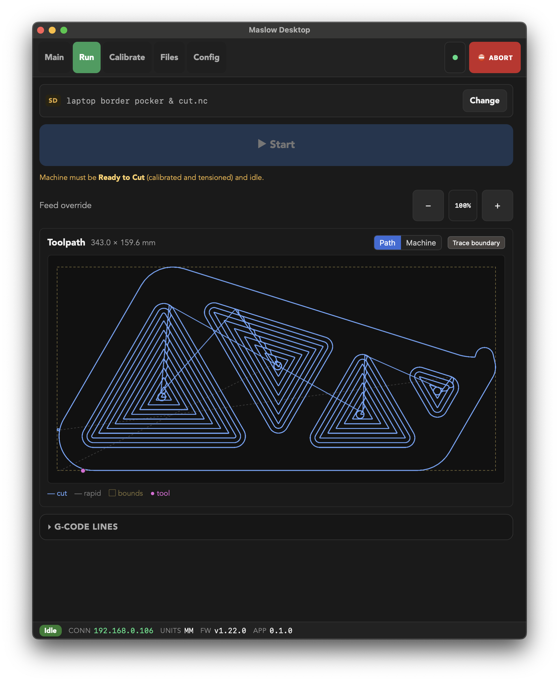Run tab with live toolpath preview