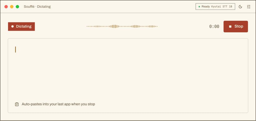 The dictation view, with the transcript as the whole surface and text streaming in as you speak