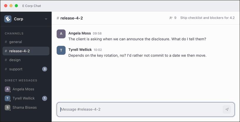 The pill floating over a chat app: shortcut, dictation, reformulation, and the tidied text landing in the composer
