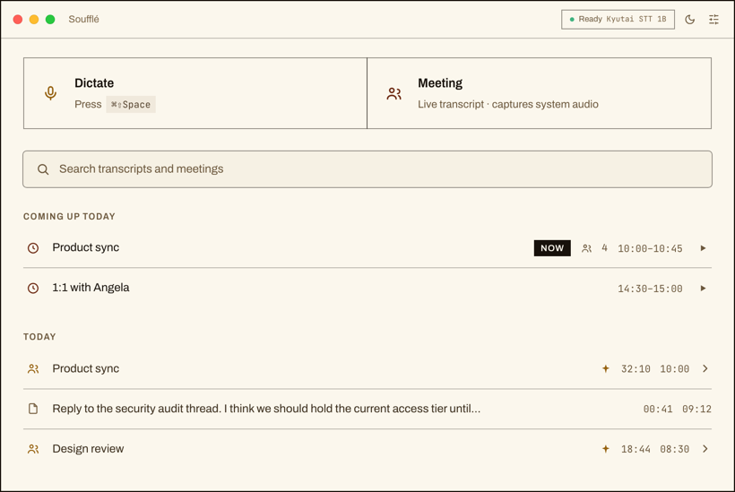 Home timeline grouping meetings and dictations by day, with today's calendar above it