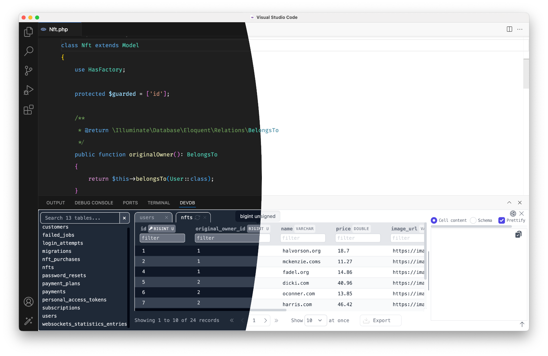 DevDb panel