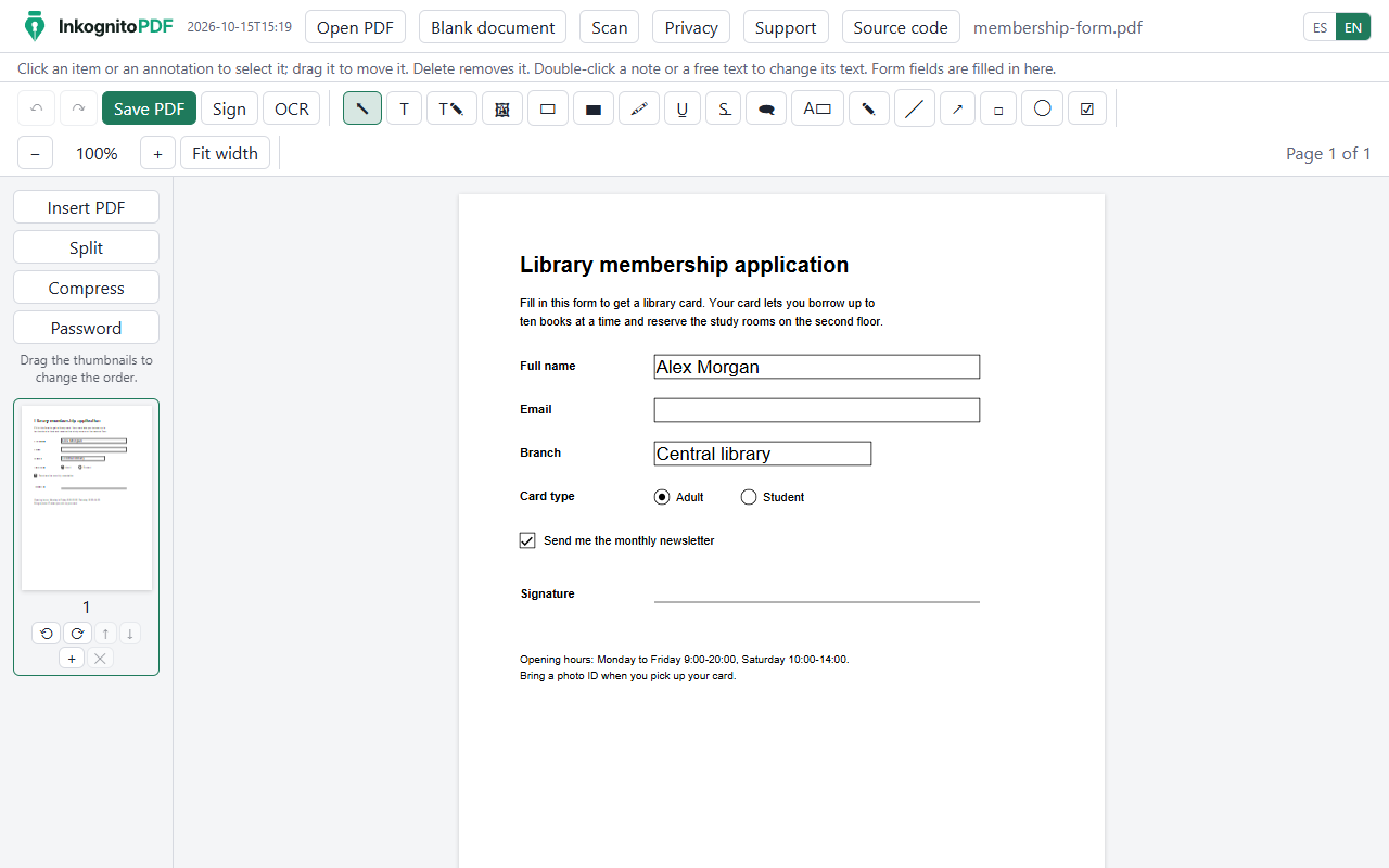 The editor with a form open