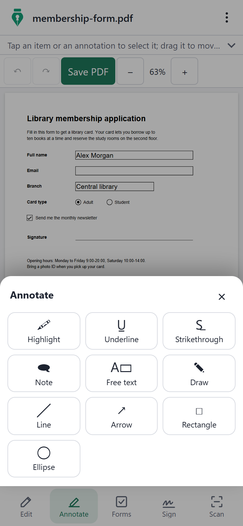 Annotation tools on a phone