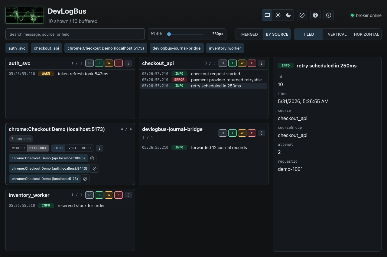 DevLogBus browser UI showing service, browser, and journal records