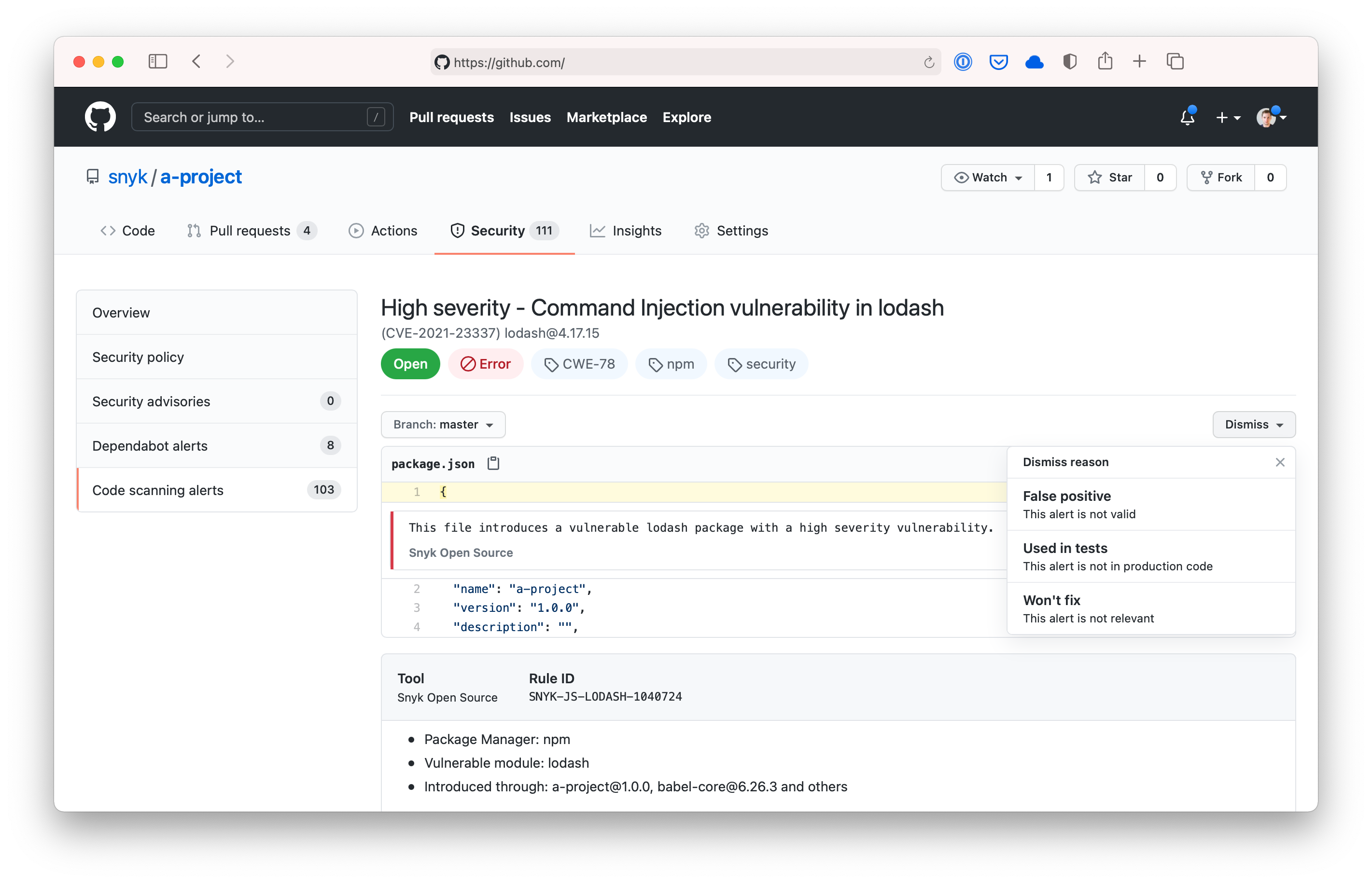 Snyk results as a SARIF output uploaded to GitHub Code Scanning