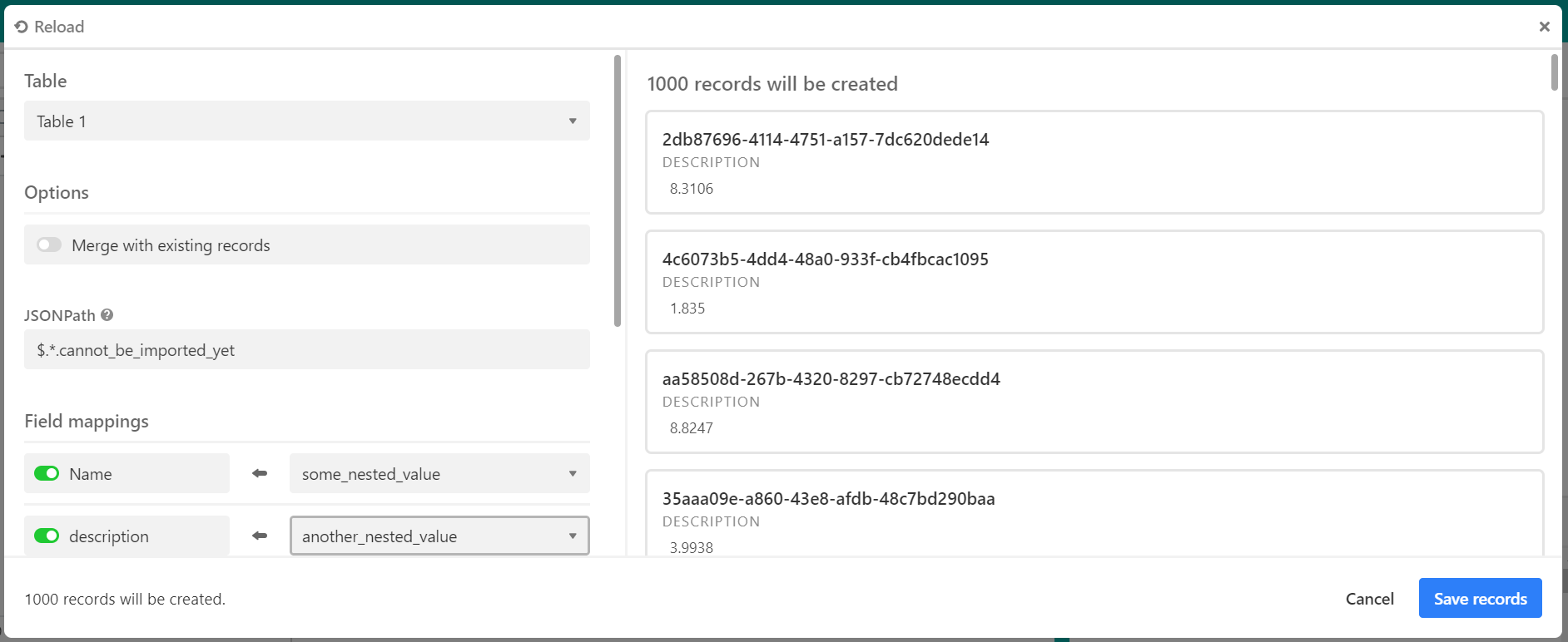 JSON Import Block mapping screen