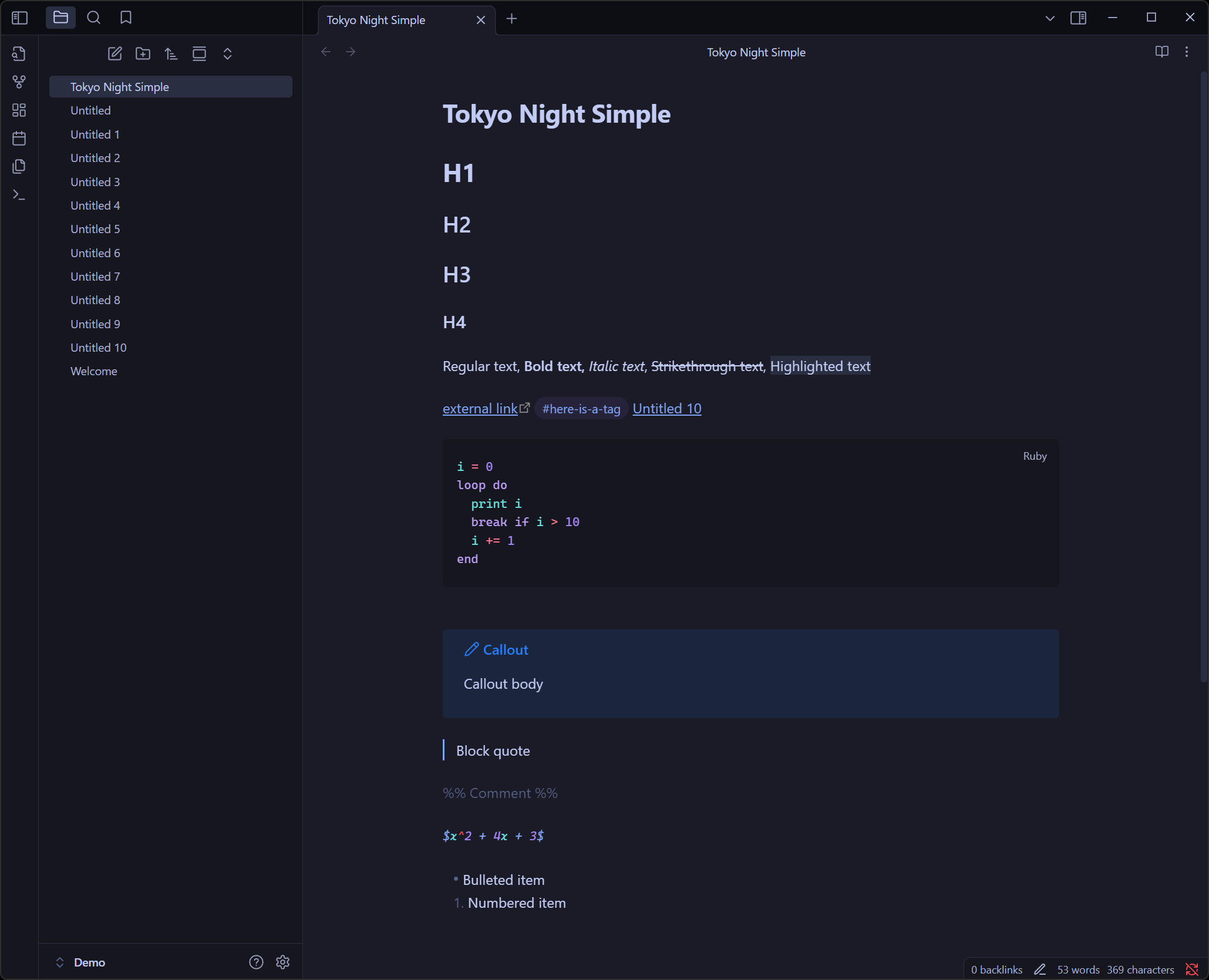 screenshot of Obsidian showing the Tokyo Night Simple theme