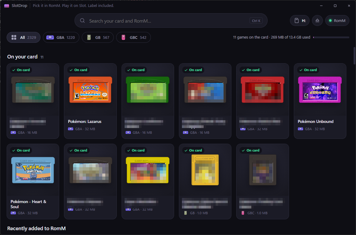 SlotDrop showing the games on an SD card, each drawn as its cartridge