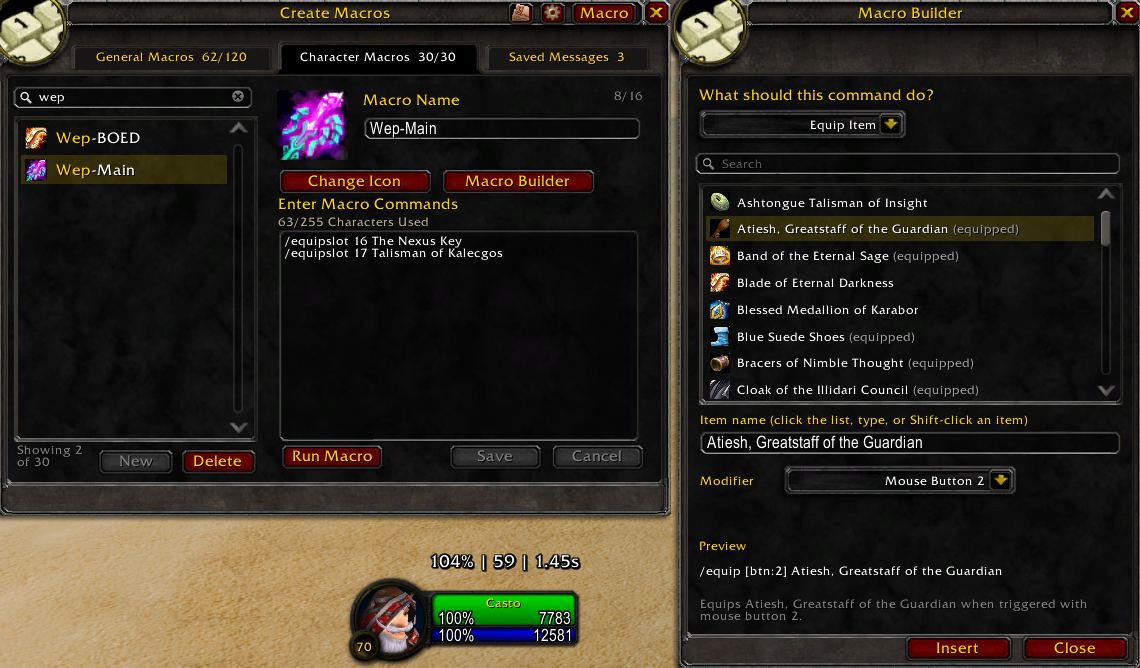 Macro Builder composing an Equip Item command