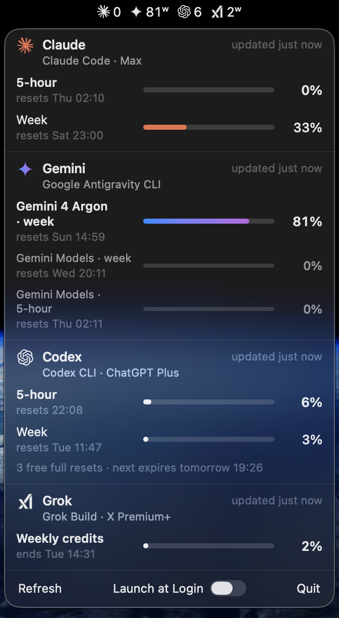 LimitBar in the menu bar with its hover panel open