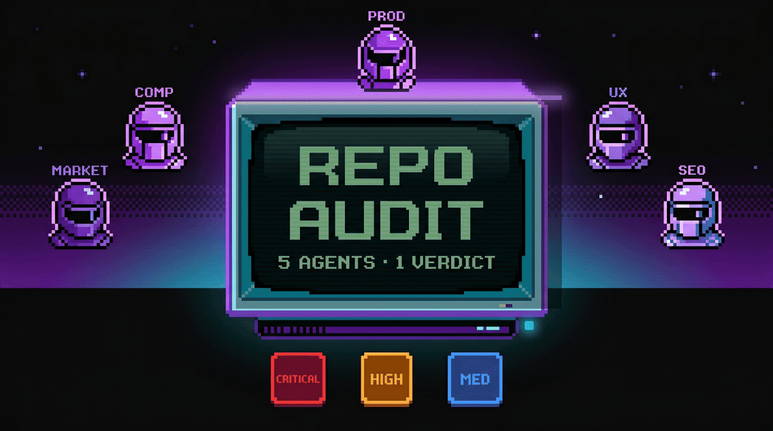 8-bit arcade-style cover: a CRT terminal showing 'REPO AUDIT — 5 AGENTS · 1 VERDICT' flanked by 5 pixel-art specialist sprites (Comp, Market, Prod, UX, SEO), with severity stamps (CRITICAL, HIGH, MED) below