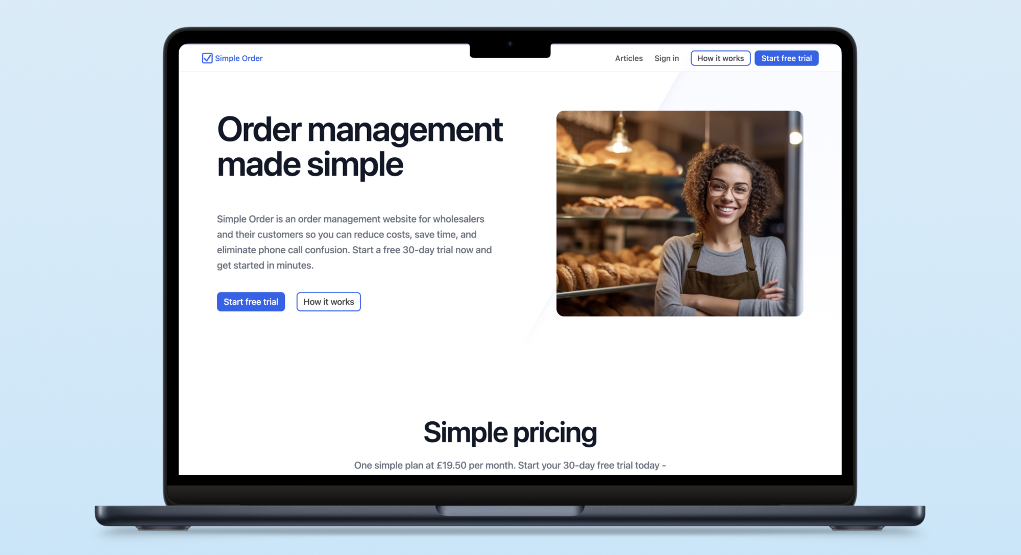 Simple Order desktop landing page screenshot