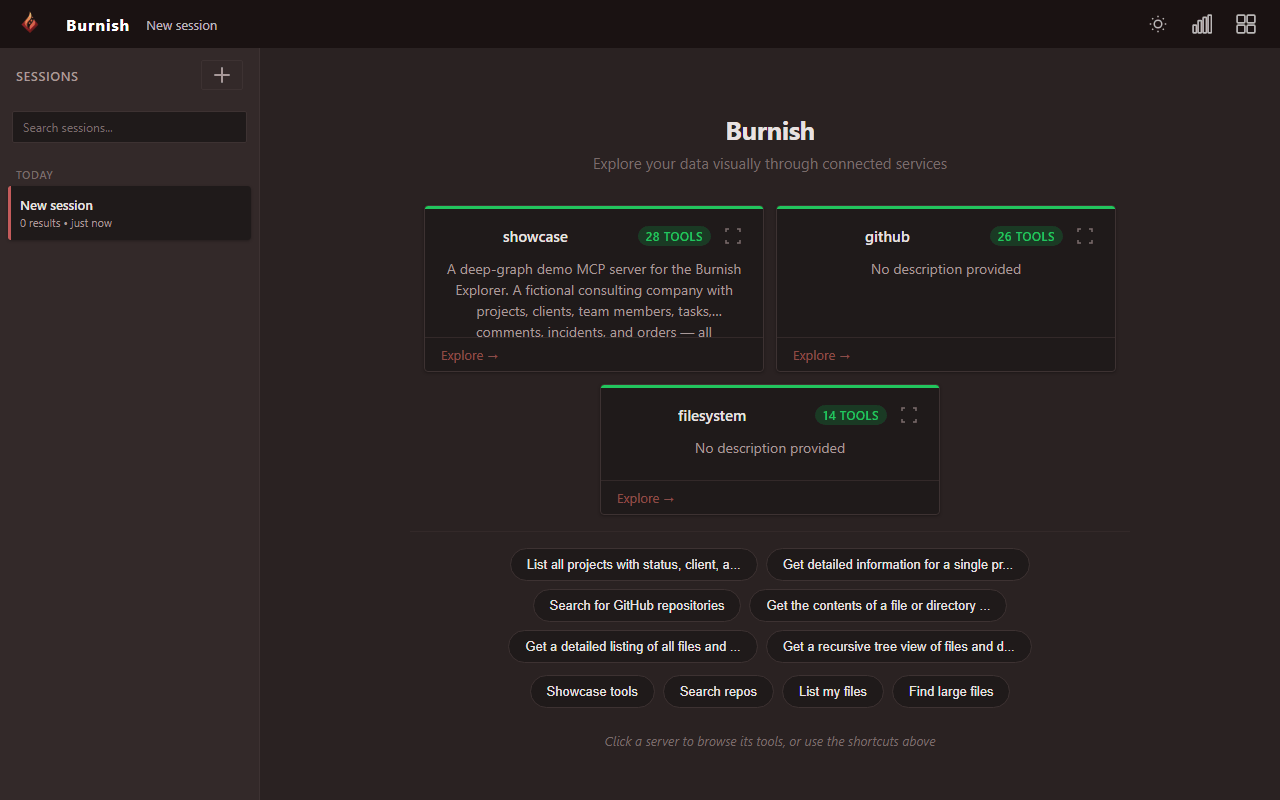 Burnish Explorer: pick an MCP server, see every tool, fill a form, get a rendered answer — no LLM.