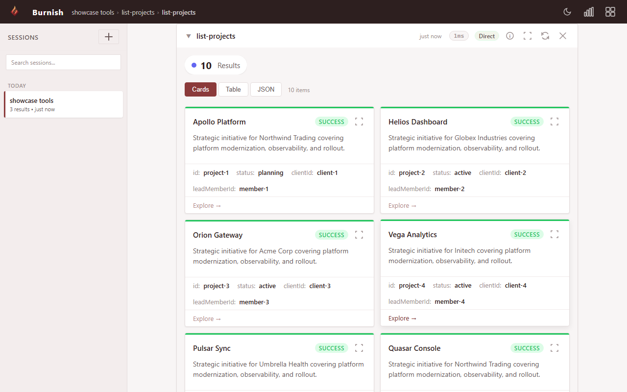 Burnish Explorer showing the example server's list-projects tool rendered as cards
