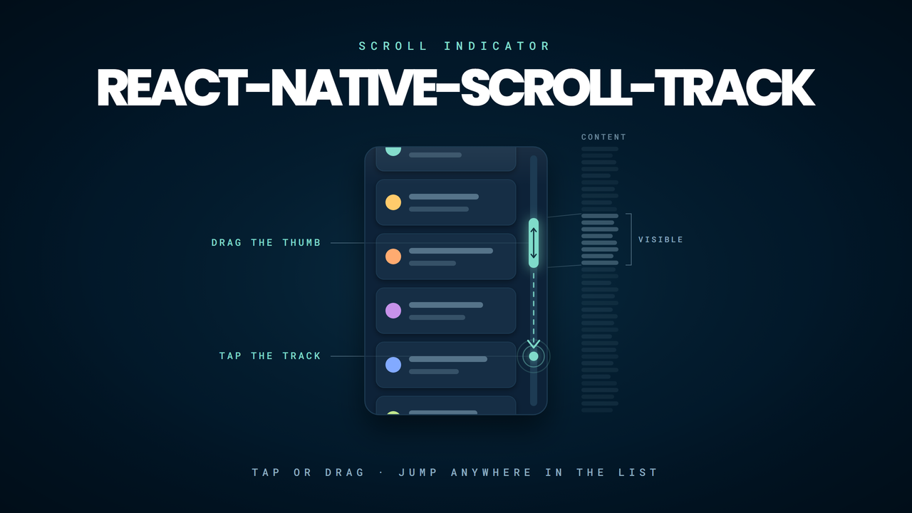 react-native-scroll-track title art: the wordmark above a list tile with a mint scroll thumb on its track, a tap ripple further down the track with a dashed line showing the jump, and a faint compressed column beside it bracketing where the visible rows sit in the whole list.