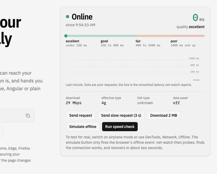 net-watch live demo: latency and quality update, then the connection goes offline and recovers