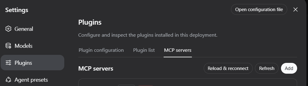 MCP servers tab