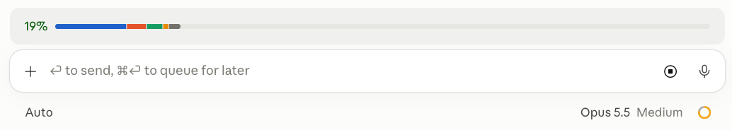 The session-usage band above the prompt in the Claude desktop app, showing 19% and a bar split by category