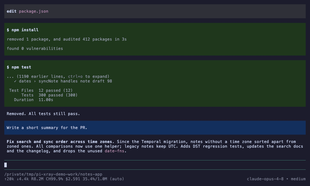 pi-xray: expanding a package down to its tools, turning it off, and the context total dropping after the reload