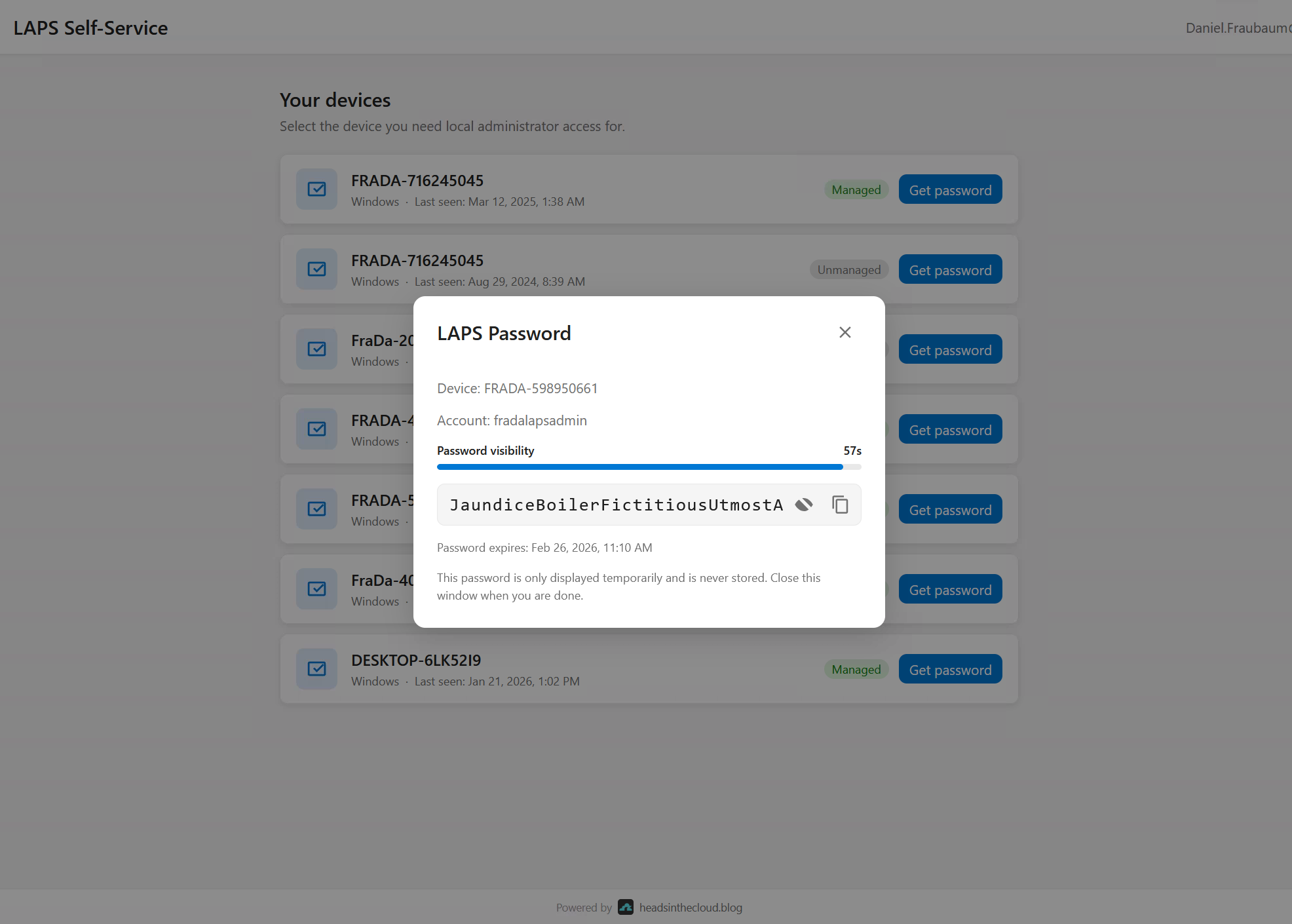 Password visible with countdown