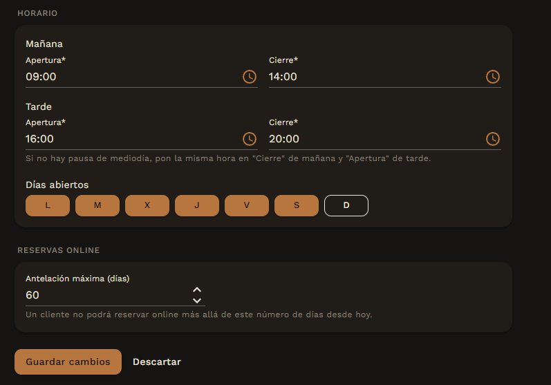 Pantalla de ajustes con horarios, días de apertura y reglas de reserva