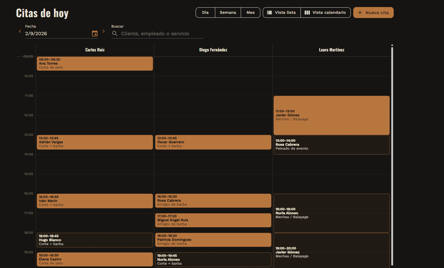 Calendario semanal con una columna por persona del equipo, mostrando sus citas hora a hora